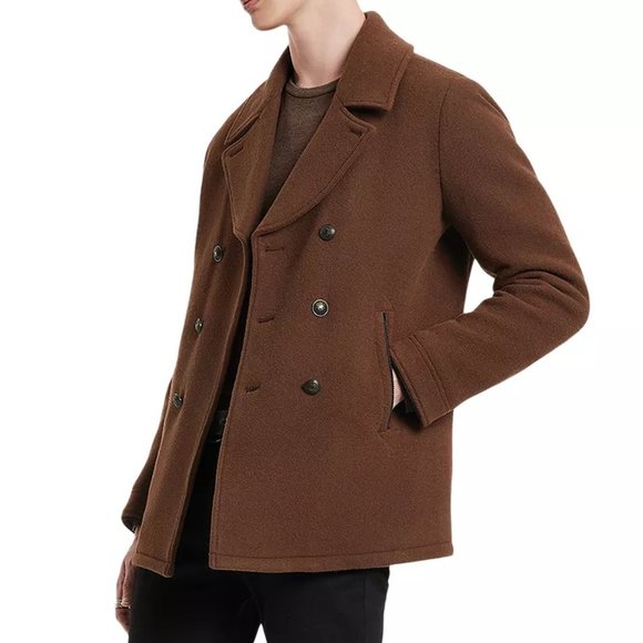 John Varvatos Collection Men's Carlos Peacoat Heavyweight Wool Overcoat Brown - Picture 1 of 7